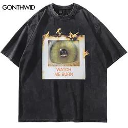 Vintage Black Tshirt Flame Burning Eye Graphic Print Oversized T-Shirt Hip Hop Punk Washed Streetwear 2024 Harajuku Cotton Tops