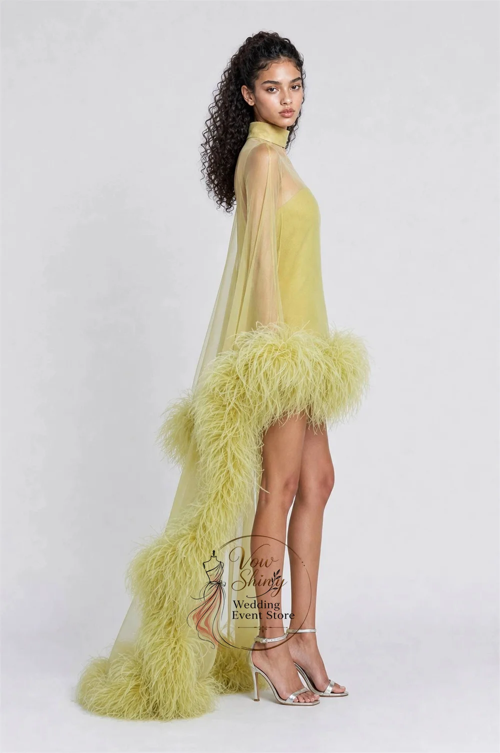 Vow Shiny High Neck Sheer Long Sleeve Mini Feather Evening Dress Long Train Luxury Ostrich Feather Cocktail Party Gown 2026