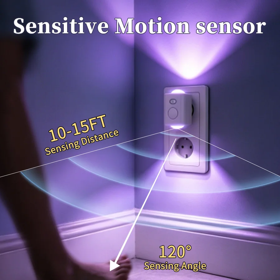 RGB Dusk to Dawn Plug in Night Light Motion Sensor Touch Control Adjustable Brightness EU Wall Lamp for Bedroom Hallway