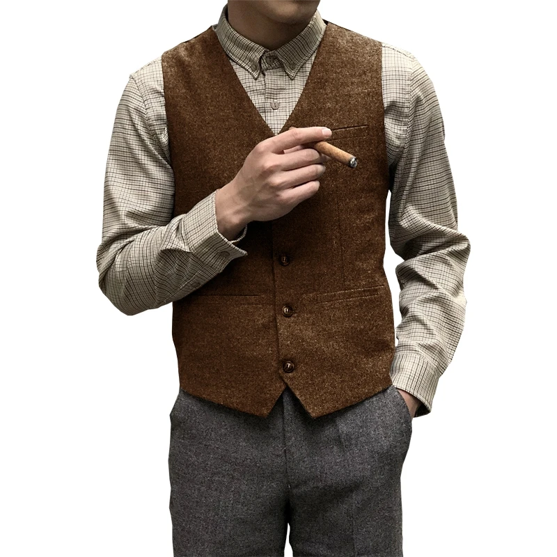 Herringbone Orange Men Vest V Neck Tweed Jacket Vintage For Wedding Banquet Work Suit Set Vest Waistcoat