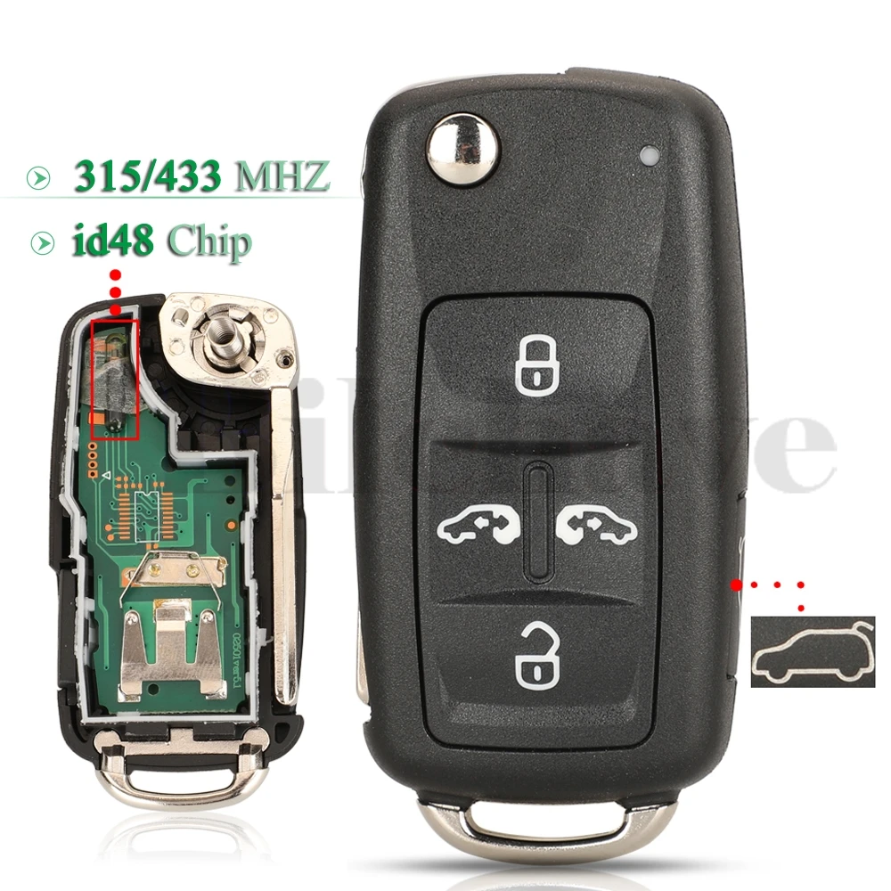 

jingyuqin 5K0837202AD For VW Sharan Multivan Caravelle Flip Remote Car Key 315Mhz 433Mhz ID48 Chip Fob 5Button HU66 Replacement