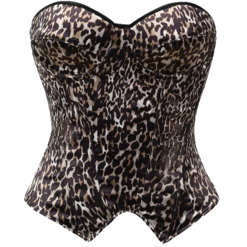 Leopard Pattern Overbust Corset Strapless Glossy Fabric Slim Body Shaper Streetwear Crop Top