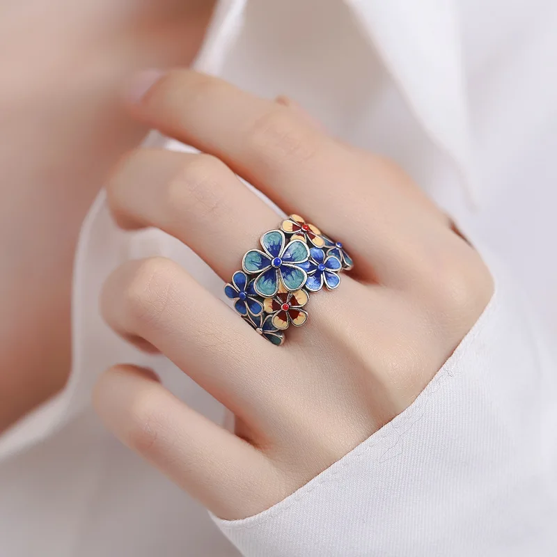 HX New Cloisonné Enamel Flowery Ring for Women with Atmospheric Retro Ethnic Style Opening Adjustable Creative Index Finger