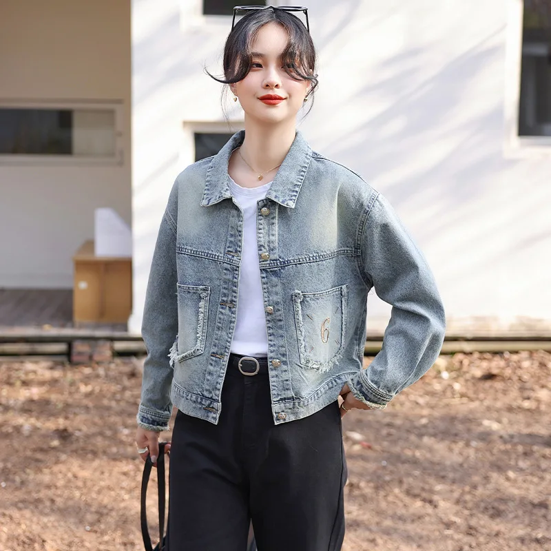 #3152 Spring Vintage Short Denim Jacket Women Turn-down Collar Denim Coats Ladies Pockets Outerwear Woman Jackets Split Joint