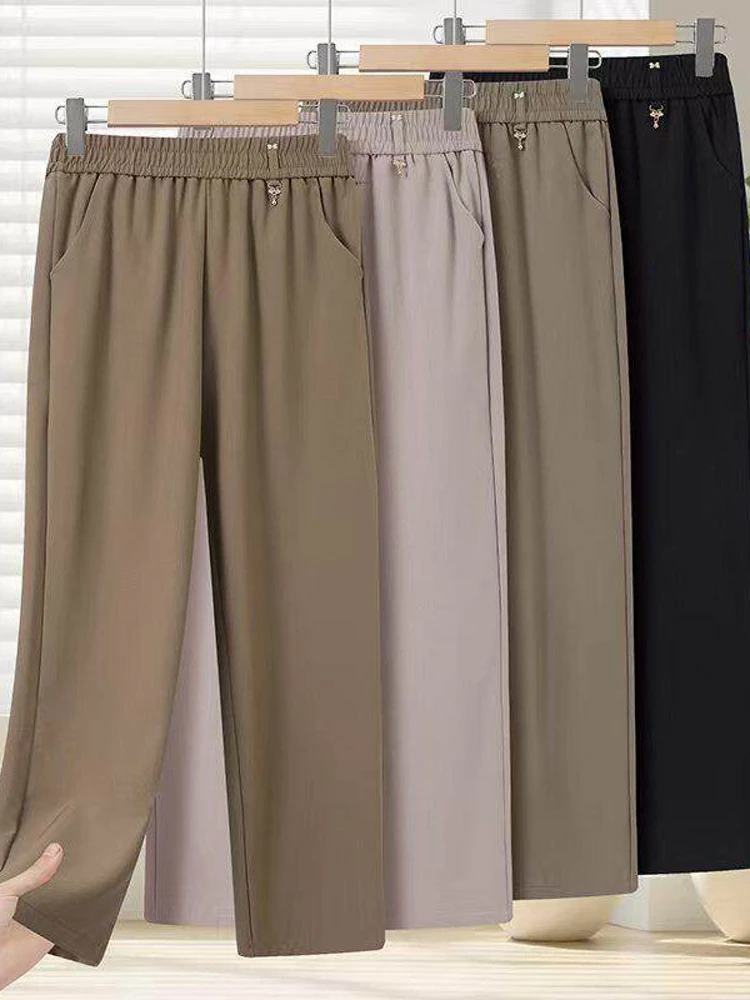 Loose Straight Leg Casual Pants for Middle-Aged And Elderly Women High Waist Elastic Waistband Non-Crease Pure Color