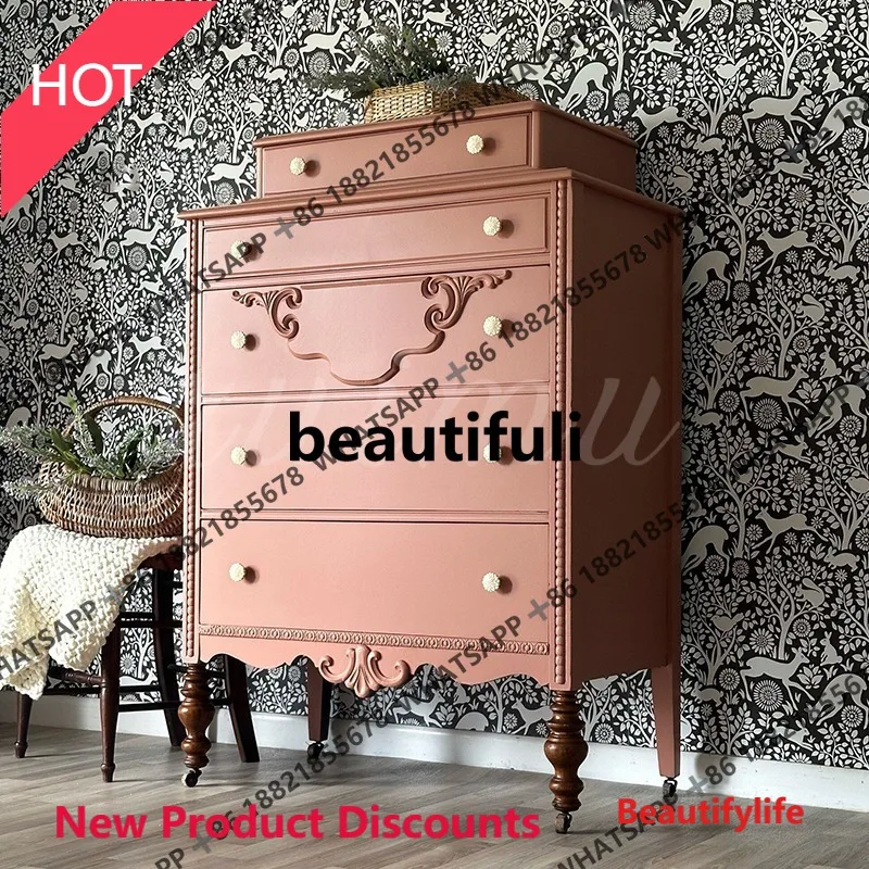 

D53 Средневековый сундук из цельного дерева для спальни, резной шкафчик для французской деревенской гостиной, высокий сундук