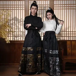 Vestido tradicional chinês hanfu para homens e mulheres, tecelagem chinesa, saia dourada da cara do cavalo, antiga dinastia Ming Lover Cosplay Traje, presente