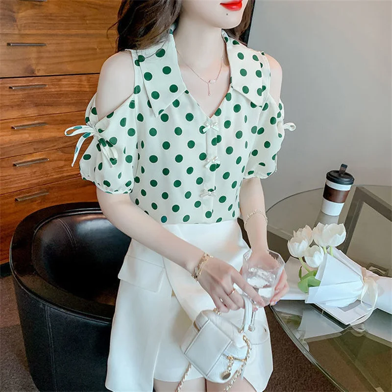 Woman Spring Summer Style Blouses Shirts Lady Casual Short Sleeve Off Shoulder Polka Dot Printed Blusas Tops DD9480