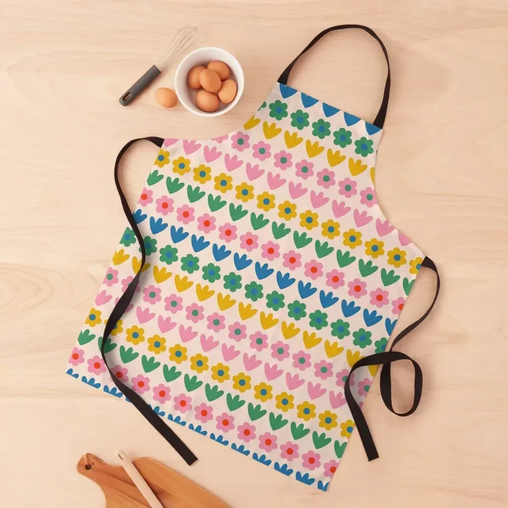 

Spring Flower Stripes Cute and Cheerful Floral Pattern 2 Pink Blue Green Mustard Yellow Apron Camping Apron