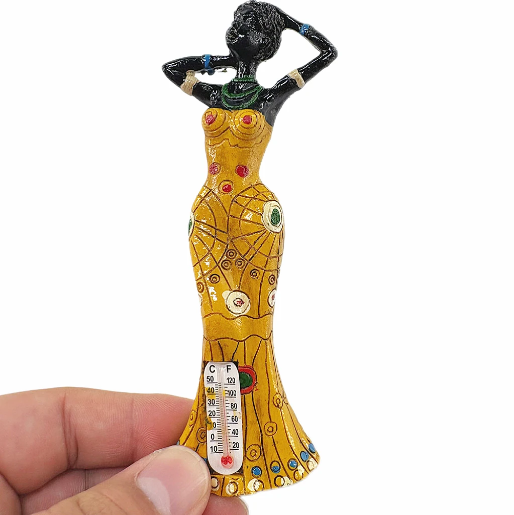 African Tribal Water Jar & Thermometer Woman 3D Fridge Magnet Set, Resin Ethnic Souvenir, Gift & Decor