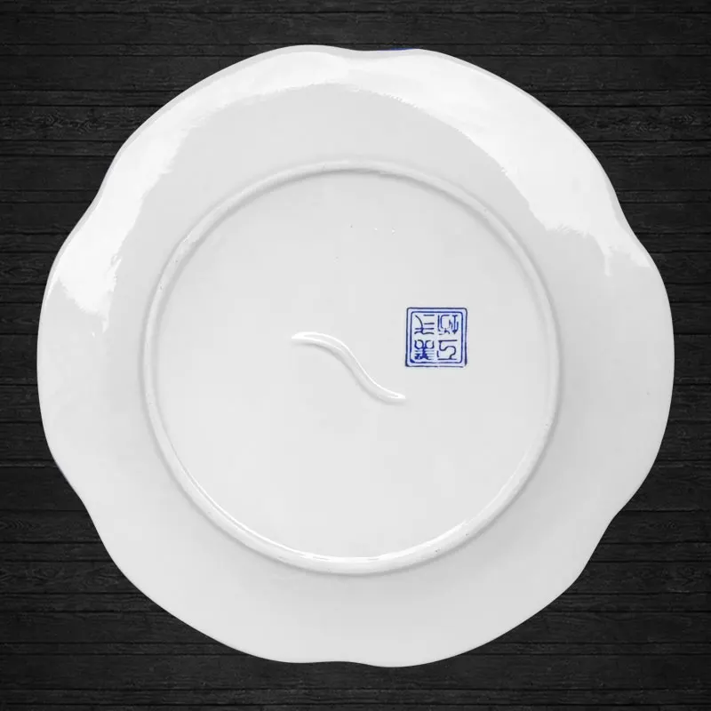 จานผัดลายครามสีน้ำเงินขาวสไตล์จีนโบราณ จานน้ำดอกบัว จานเย็น
