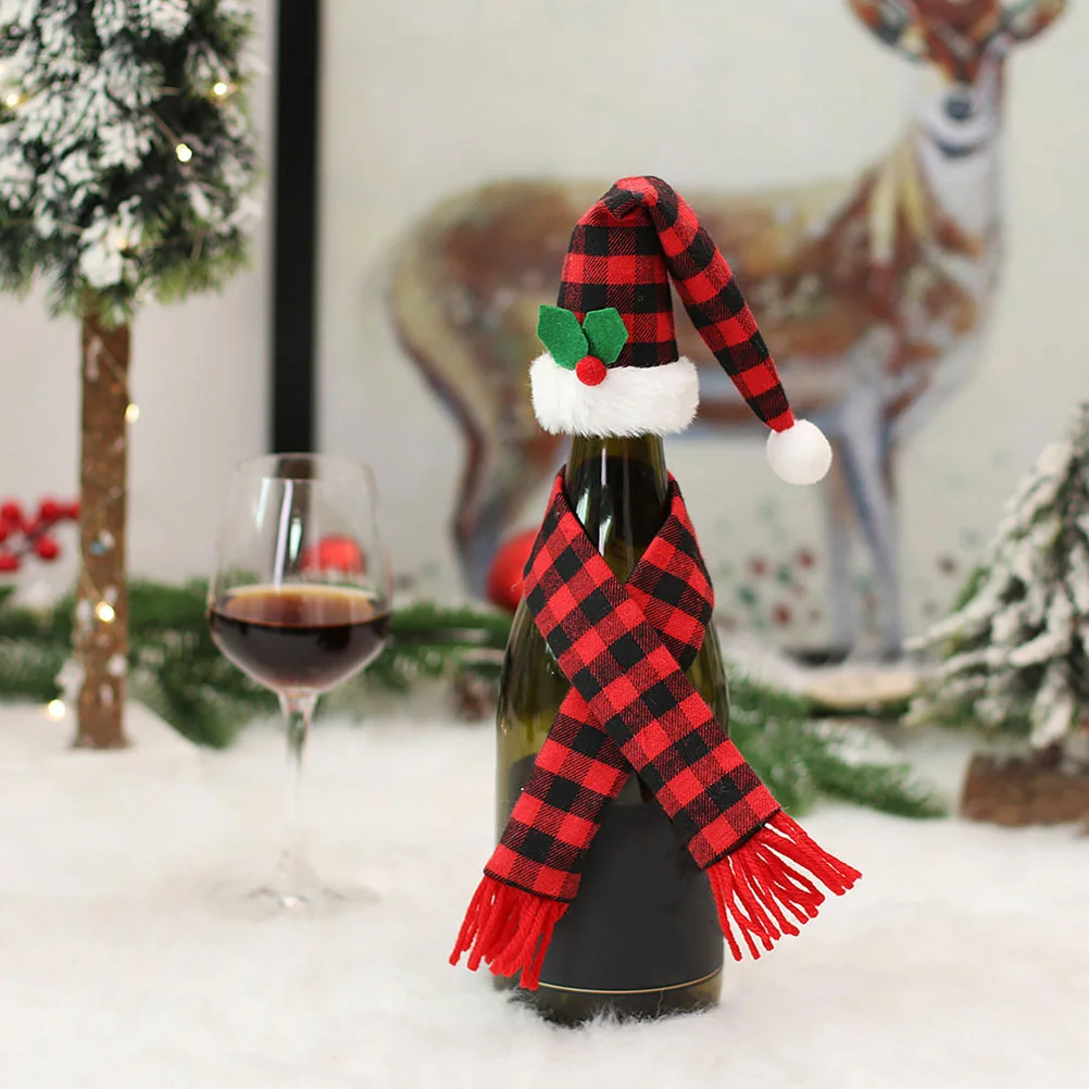 2 Sets Christmas Bottle Scarf Small Xmas Hat Lovely Decoration Dining Table Cloth Ornament Knitted