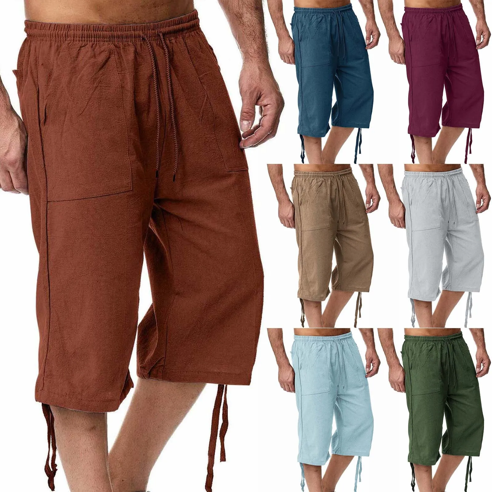 Summer Men's Casual Shorts Cotton Blended Long Elastic Waist Loose Pocket Drawstring 3/4 Length Shorts Daily Street Wear