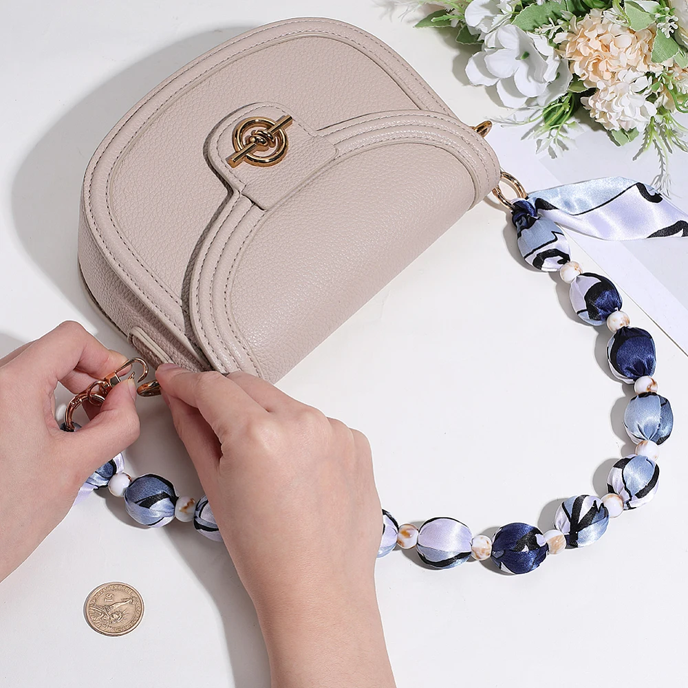 1Pc Cloth Phone Hand Strap Chains with Metal Swivel Clasps and Plastic Beads Round Golden Marine Blue 687mm - view 3