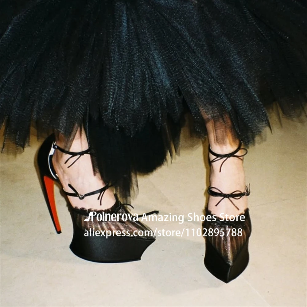 

Pointed Platform Forward Curving Heels Sweet Designer Style Bow Knot Stiletto Pumps Elegant Satin Buckle High Heels for Women