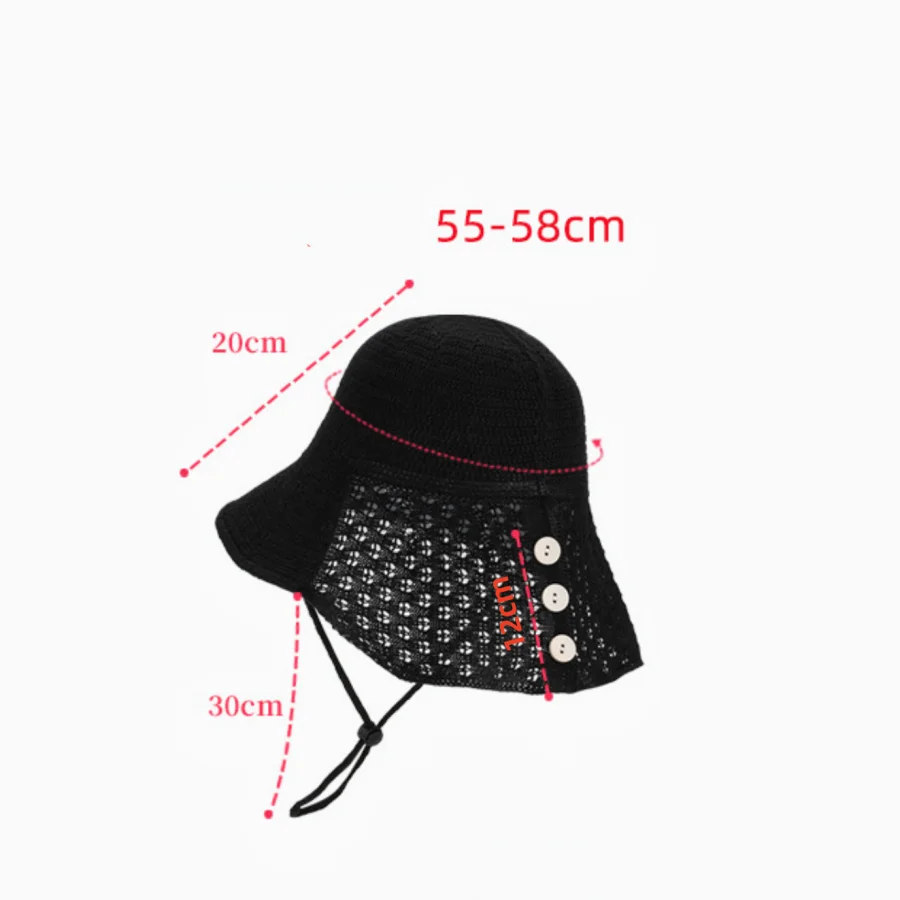 Summer Wide-Brimmed Sun Protection Knitted Fisherman's Hat for Women, Breathable and Sun-Blocking, with Windproof Strap, Lightweight and Foldable, Gentle Wind-Resistant Button-Decorated Sun Hat