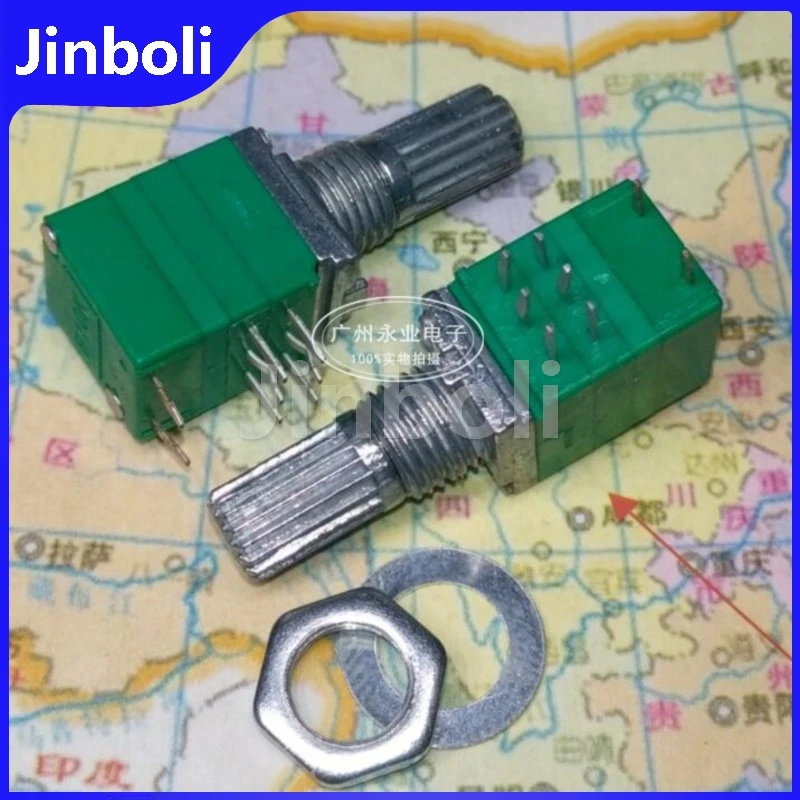 5PCS RK097 Double Sealed Potentiometer With Switch 8Pins B10K B103 Audio Volume Precision Potentiometer Flower Shaft Length 15MM