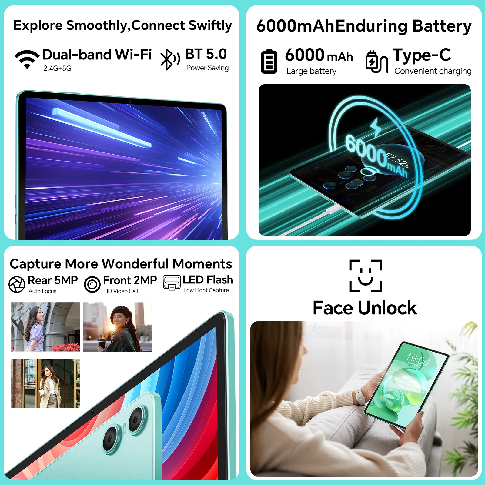 تابلت Teclast Odea A10 Android 14، 10.1 بوصة Ips، (4Gb+8Gb)12Gb Ram، 128Gb Rom، 8 Cores، Unisoc T606، 1280X800، Mali-G57، 6000Mah، 5Mp+2Mp، يدعم Tf حتى 1Tb، Type C، Widevine L1