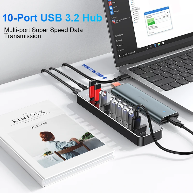 RSHTECH USB C Hub Splitter Individual Touch Switches with 10Gbps USB-A & 2 USB-C Data Ports 7 USB-A 3.0 Ports for Macbook Laptop