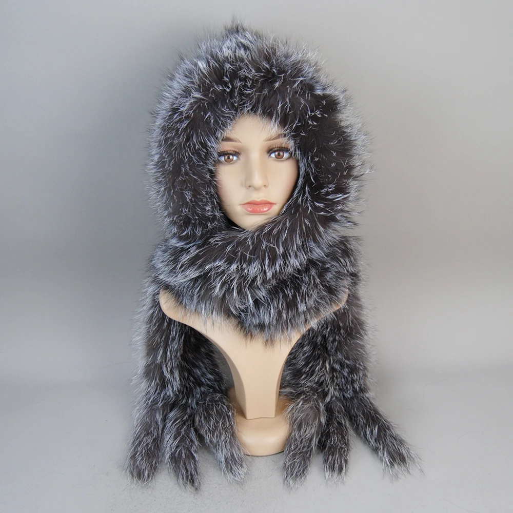 2024 New Winter Women Natural Fox Fur Hats&Scarves Lady Warm Fluffy Real Fox Fur Hat&Scarf Luxury Knit Genuine Fur Hooded Scarfs