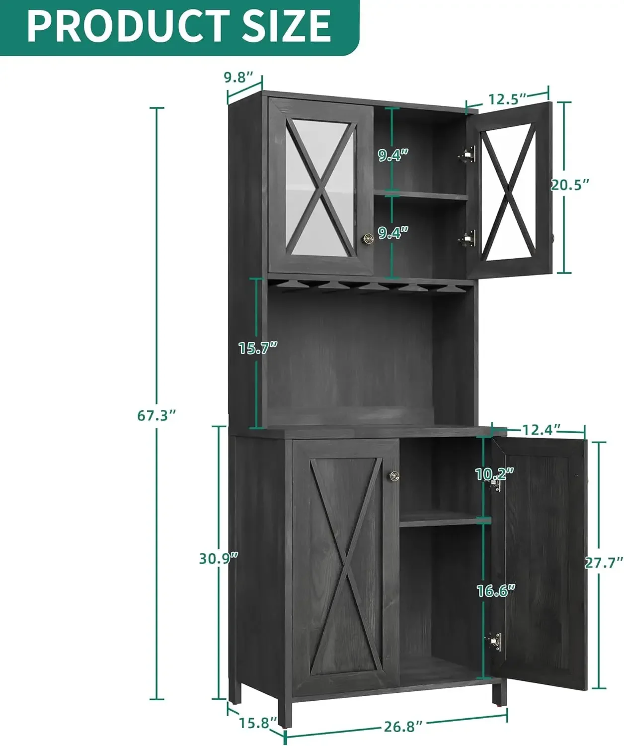 YITAHOME Farmhouse Bar Cabinet, 67-calowa wysoka szafka na wino ze stojakiem na kieliszki do wina, domowa szafka barowa z otwartymi półkami do przechowywania i