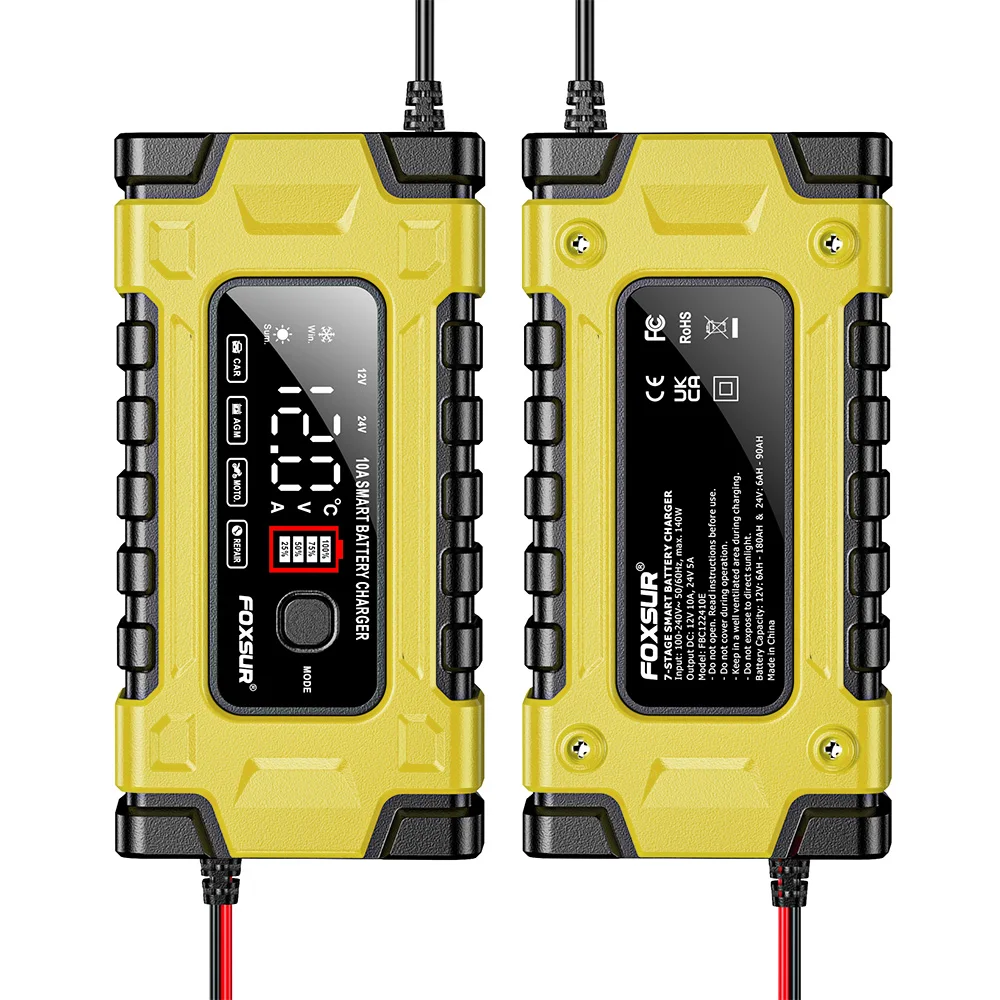 FOXSUR Car Battery Charger 12V/10A 24V/5A Full Automatic Smart Battery Chargers Maintainer Portable Pulse Repair Battery Charger