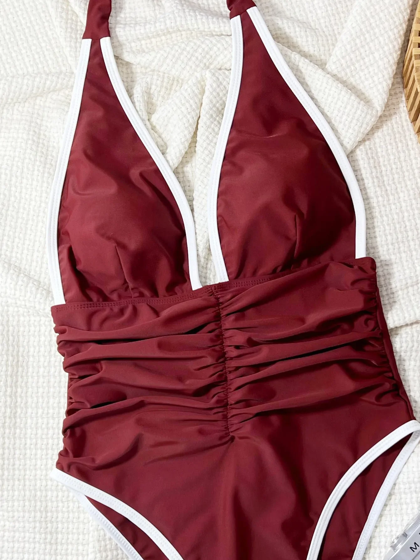 Seksowny wino czerwony patchwork głęboki dekolt w serek strój kąpielowy jednoczęściowy bikini halter stroje kąpielowe bez pleców body damskie biquini kostiumy kąpielowe