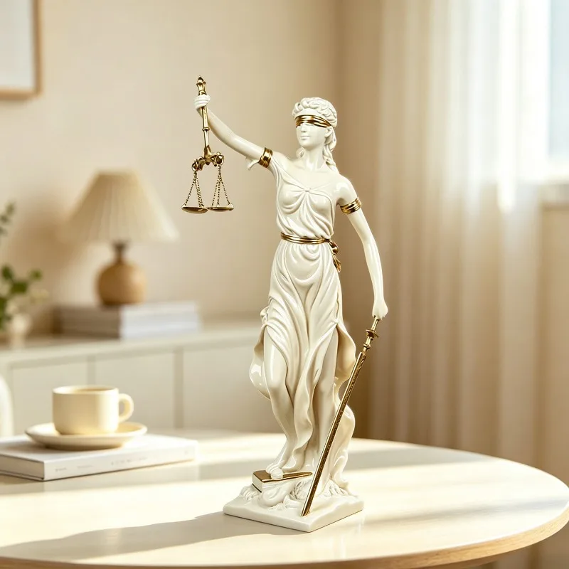 Lady Justice Themis Statue White Gold Resin Figurine Blindfold Justice Goddess Sculpture Desk Ornament Lawyer Office Home Decor