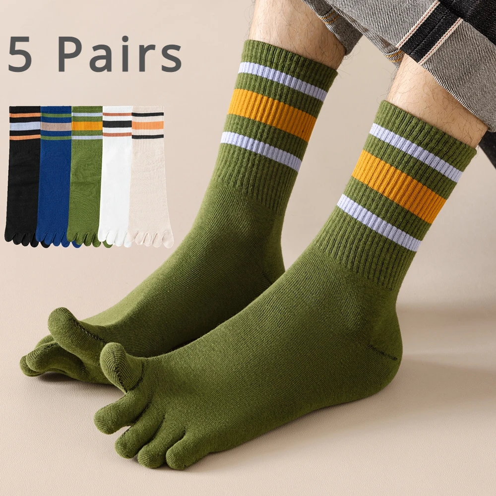 5 Pairs Men Five Toe Socks with Separate Fingers Mid Tube Five Finger Socks Striped Cotton Sports Socks Summer High Quality