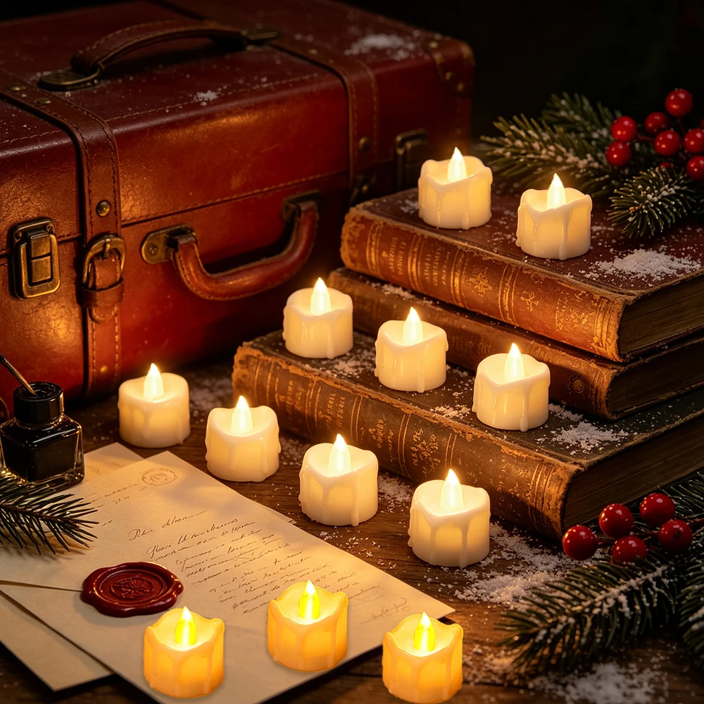 12pcs set Christmas LED Candles Lights, Flameless LED Drop Tear Tea Light for Christmas Wedding Halloween Party Home Decor
