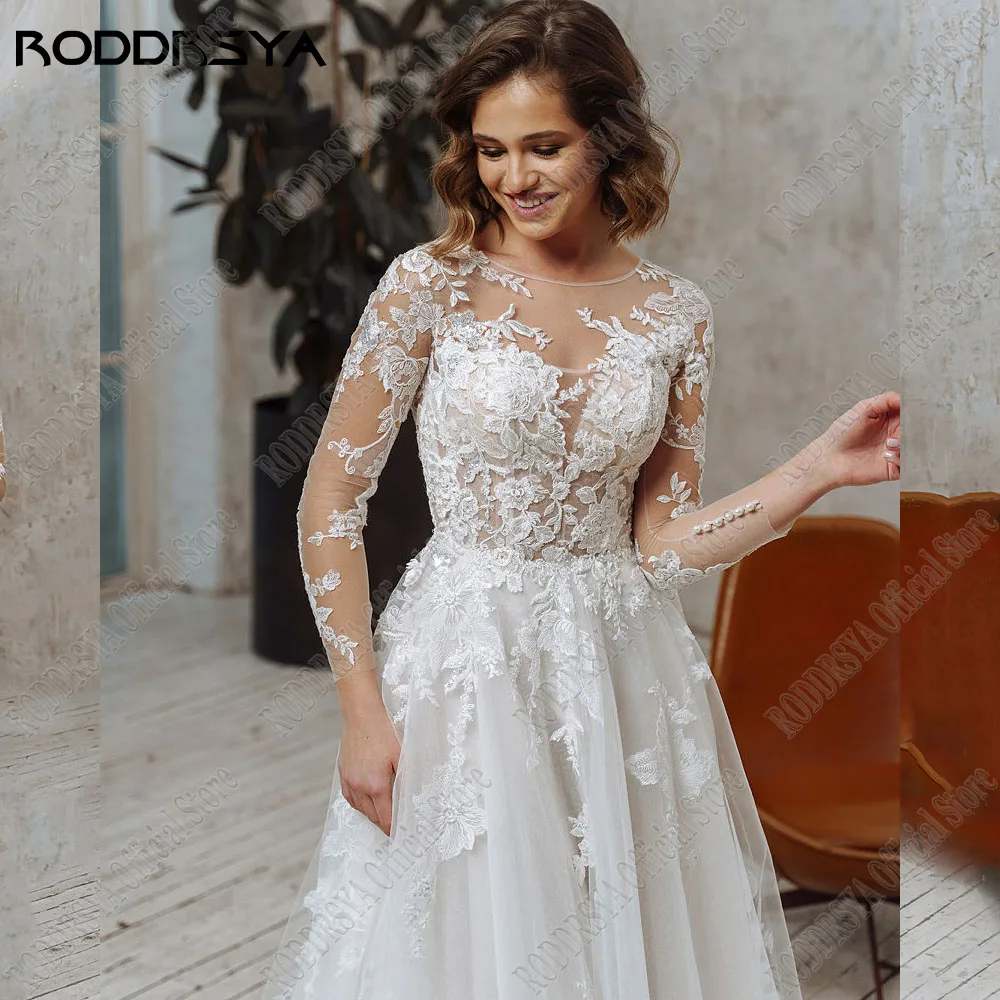 RODRSYA Eleganti Maniche Lunghe A-Line Abiti Da Sposa Per La Donna Pizzo Applique AbitRODDRSYA eleganti maniche lunghe a-line abiti da sposa per donna pizzo Applique abiti da sposa Illusion Tulle o-collo robe de mariée