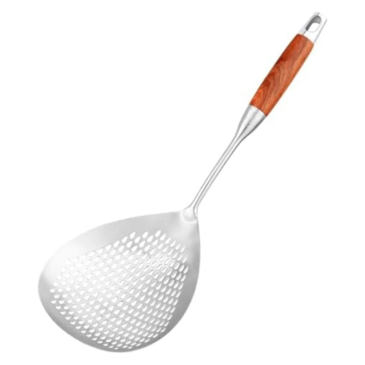 H-W Large Skimmer Slotted Spoon - 304 Stainless Steel Skimmer Spoon with Wooden Long Handle, 16 Inches Deep Fryer Scoop