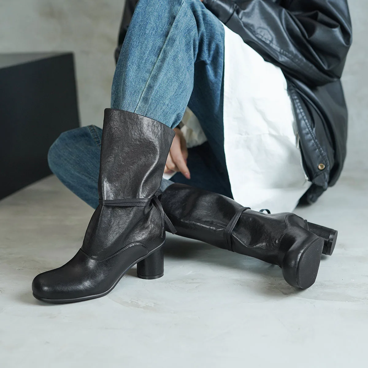 Arden Furtado Autumn cowhide Ankle strap Modern boots Round toe slip-on Chunky heels Mid-Calf boots Large size Women's Boots