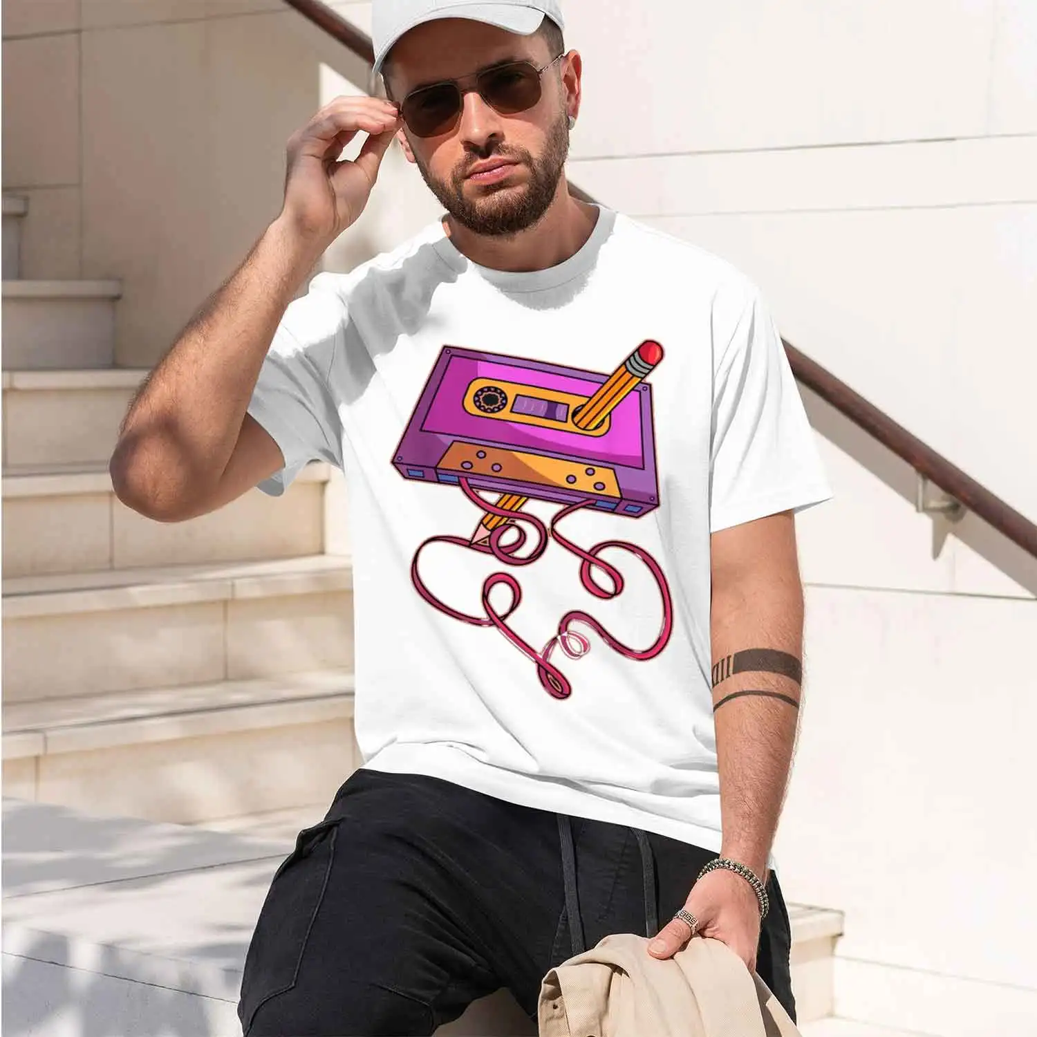 80s Cette Tape Pencil 1980s Retro Vintage Throwback Short Sve T-Shirt Streetwear Men Camiseta Hombre 2026 New Model Men’s Short-