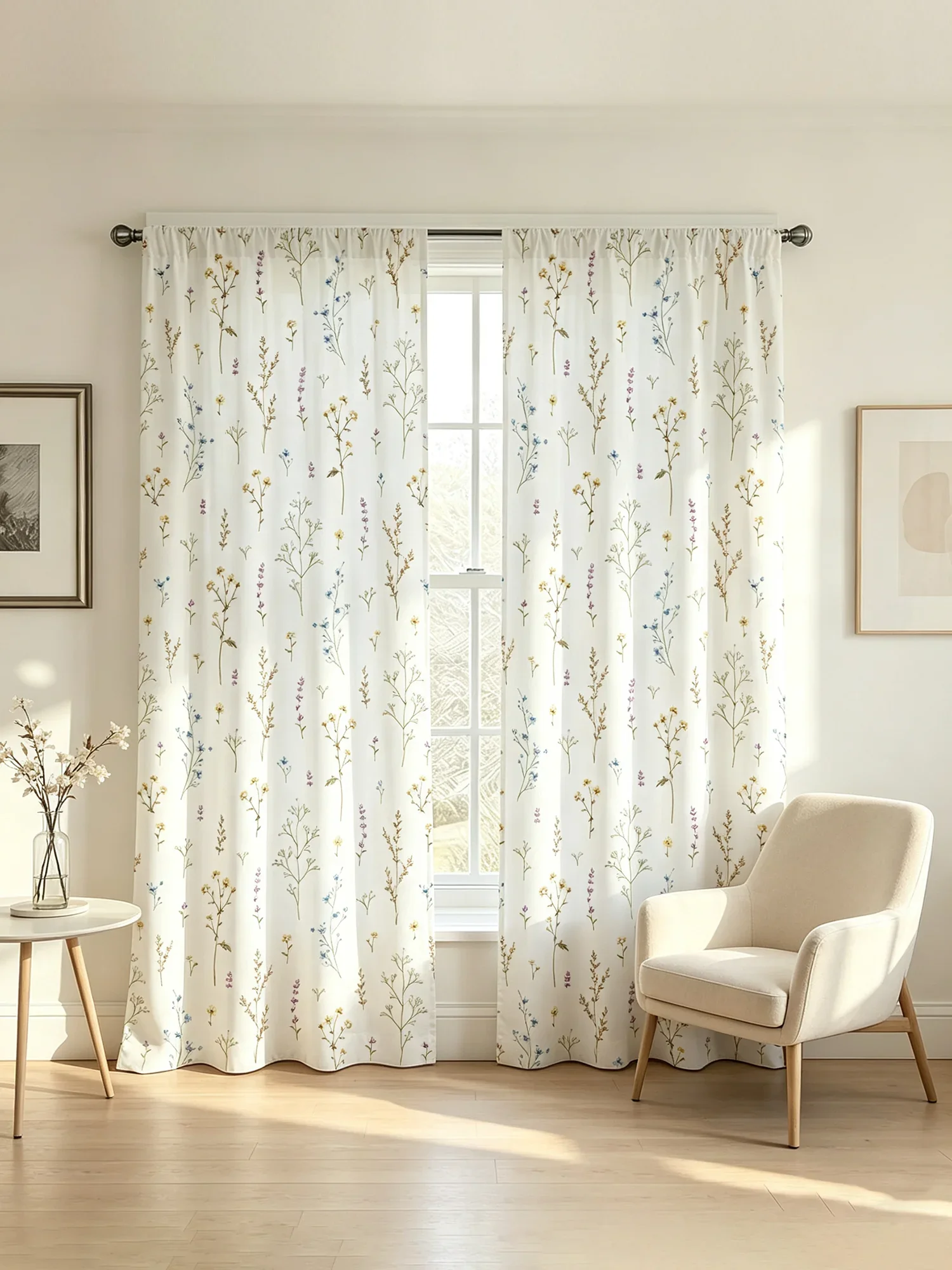 2PCS Wildflower Print Curtains, Colorful Small Flower White Background Window Drapes for Bedroom Living Room Home Decor
