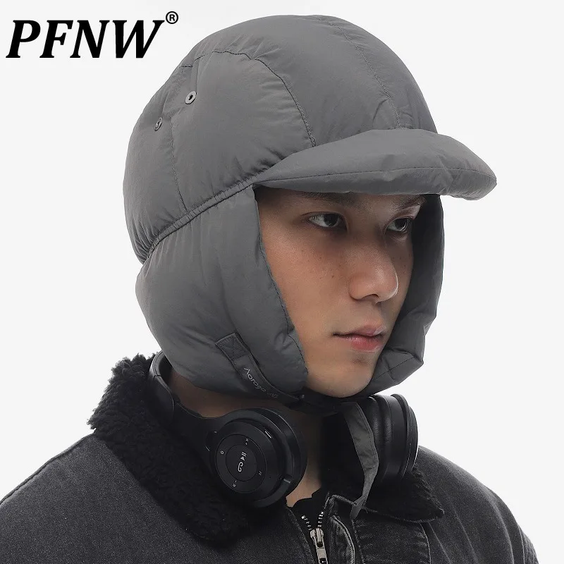 PFNW Winter Thick Warm Ear Protection Down Bomber Hats Niche Korean Cold Resistant Outdoor Skiing And Cycling Flying Hat 28W5532