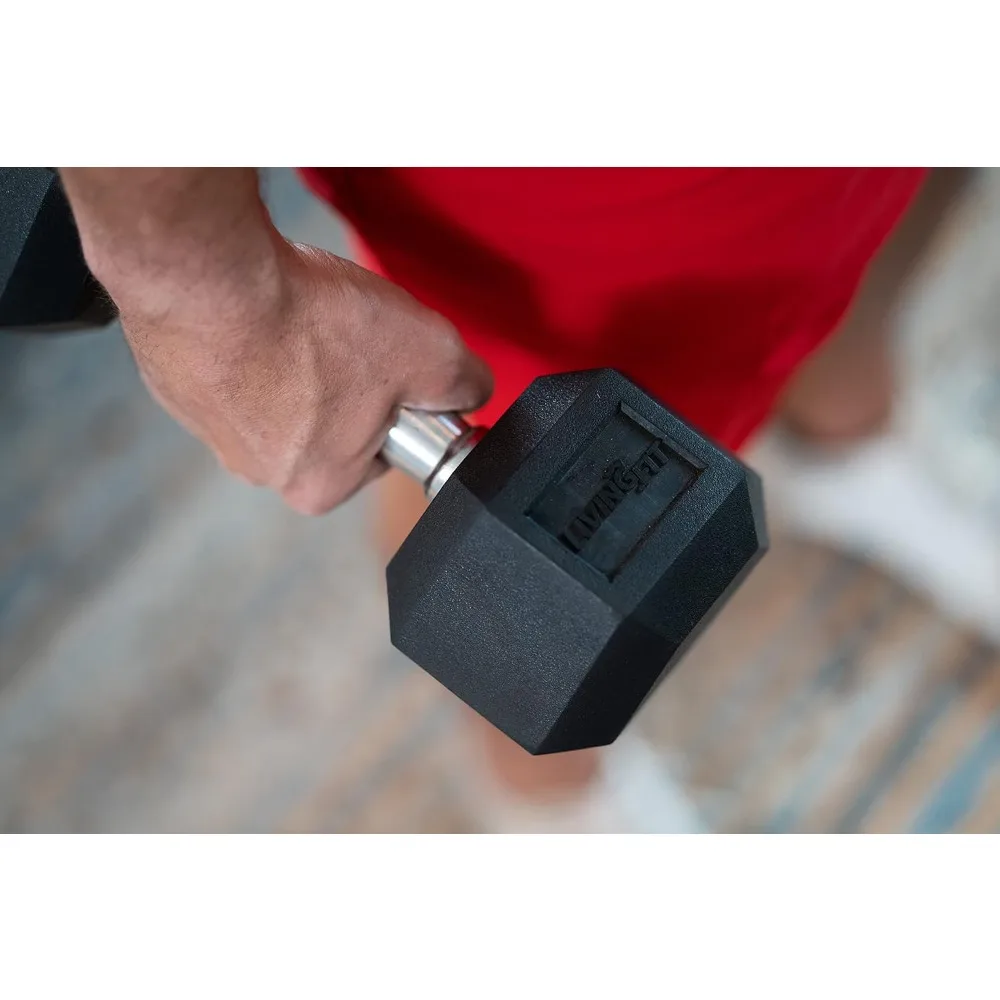 Rubber Encased Hex Dumbbell Hand Weights. Single Dumbbells or Dumbbell Pairs. 50 LB Dumbbell Sets for Strength Workouts