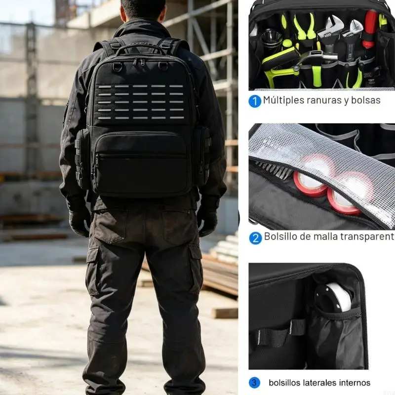 Tool Storage Backpack with Separate Pockets, Canvas Tool Bag with Wide Front Opening and Zippered Sections for Repair and M4YD