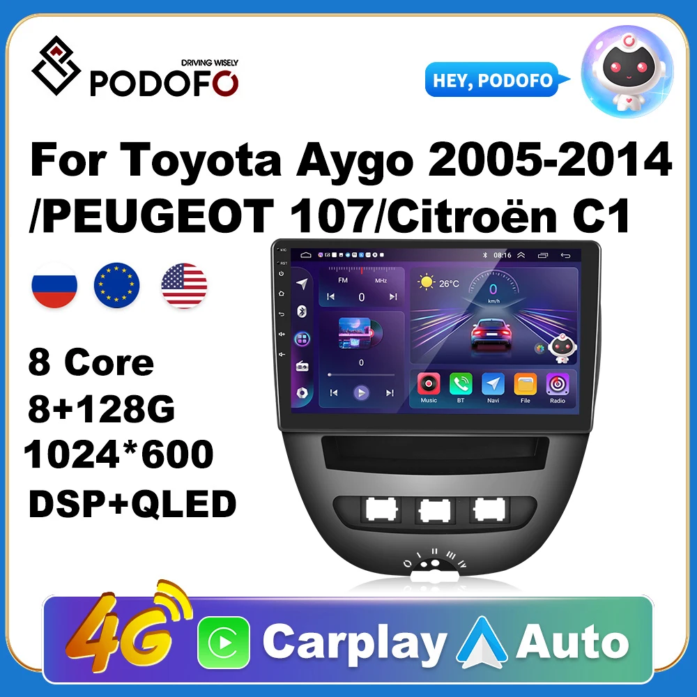 

Podofo Wireless CarPlay Andorid Auto Car Radio For Toyota Aygo 2005-2014/PEUGEOT 107/Citroën C1 Multimedia GPS 2din autoradio