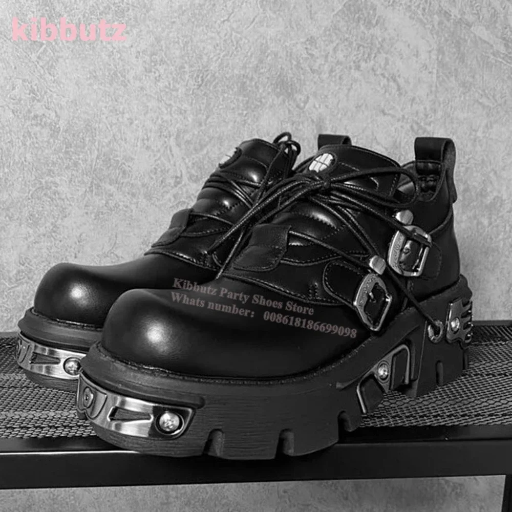 Heavy Metal Punk Pumps Platform Sneaker Rock Y2K Thick Bottom Round Toe Leather Lace-Up Shoes Unisex Dark Style Concise Newest