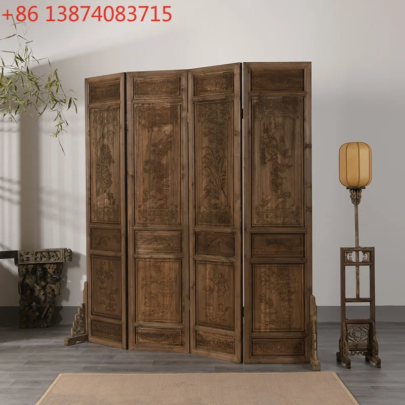 Chinese-style screen partition, foldable and movable, vintage Zen-style antique solid wood carving