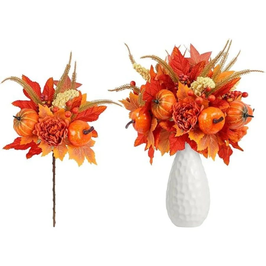 

Fall decor: artificial pumpkin, berry, flower, and maple stems in warm autumn colorsrealistic silk texture, bendable wire stems