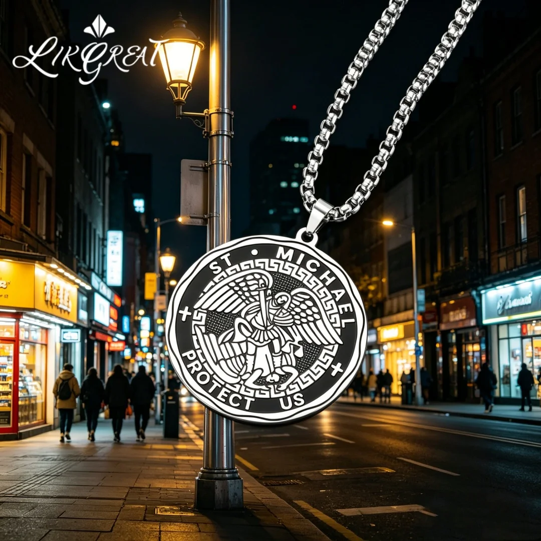 St Michael Archangel Protect Us Medal Pendant Necklace Stainless Steel Religious Cross Amulet Catholic Faith Protection Jewelry