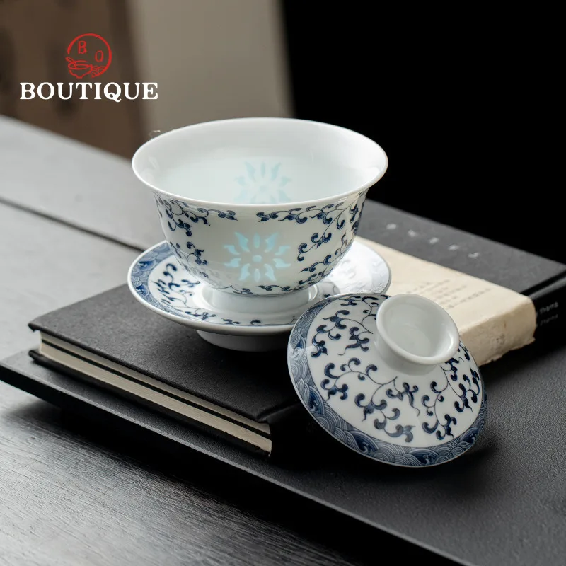 Blue And White Yixing Gaiwan Antique Ceramic Lotus Tea Bowl Tool Cup Kung Fu Chinese Gai Wan Cover Bowl Tea Maker Puer Home