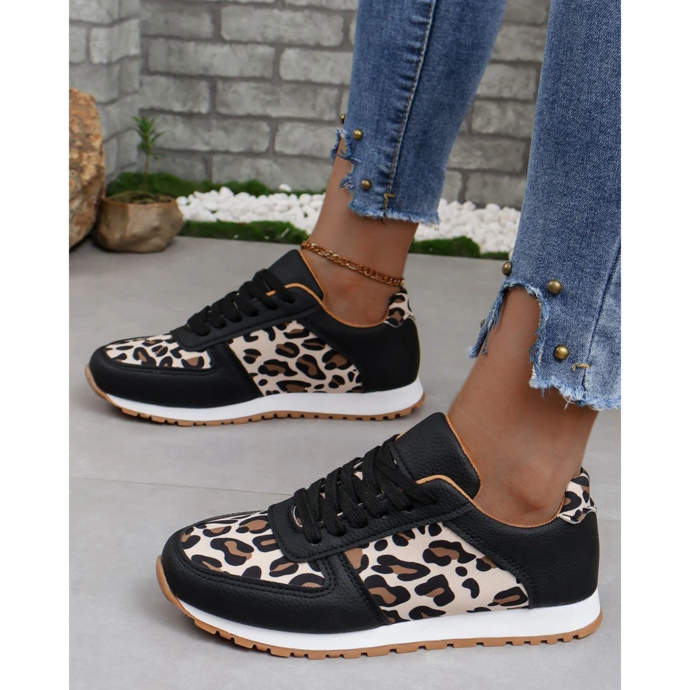 

Women Colorblock Leopard Print Lace-up Sneakers Casual Boat Sports Shoes