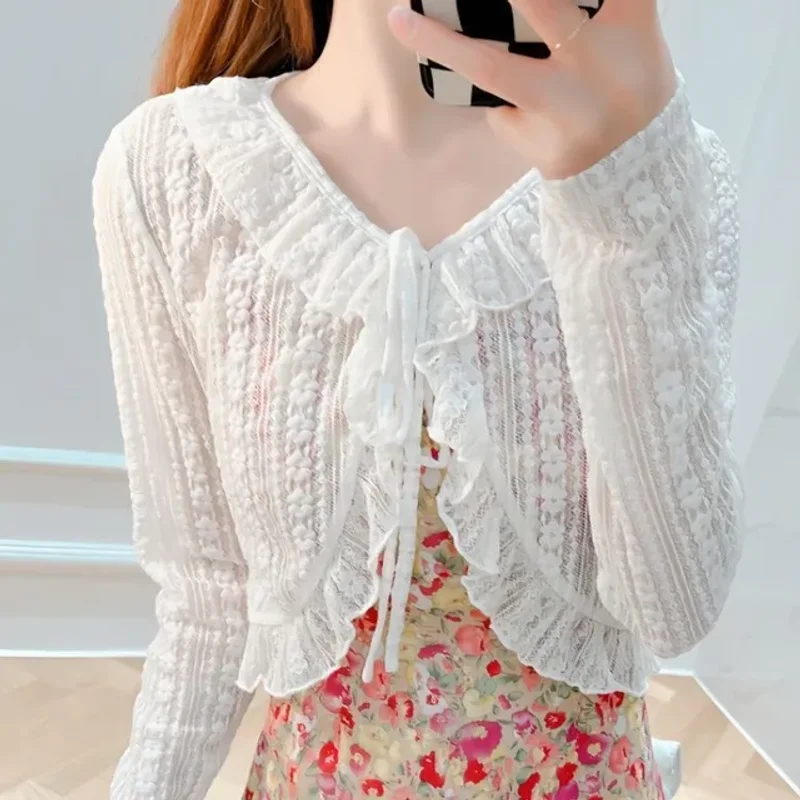 

Sweet Lace Blouse Women's Clothing Bandage Summer Thin Shirts Crop Tops 2025 Blusas Mujer De Moda Fashion White Tunic Blouses