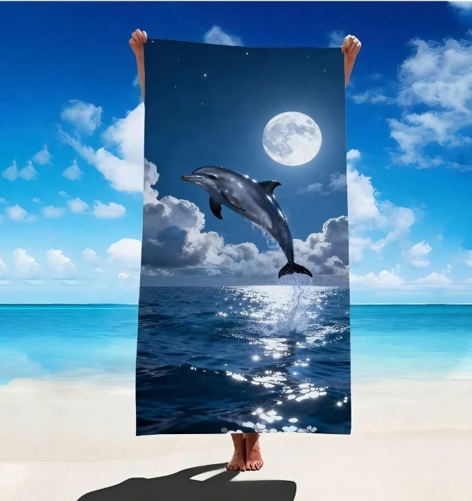 Moonlight Dolphin Beach Towel, Microfiber Sand Free Quick Dry, Ocean Animal Print, Soft Absorbent
