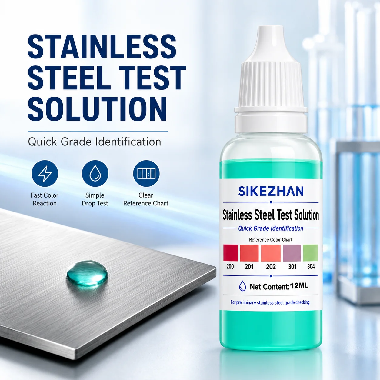 Solution de test en acier inoxydable 12 ml – Détection rapide de la pureté des métaux pour l'identification des grades 304, 301, 202, 201, 200 – Outil de test