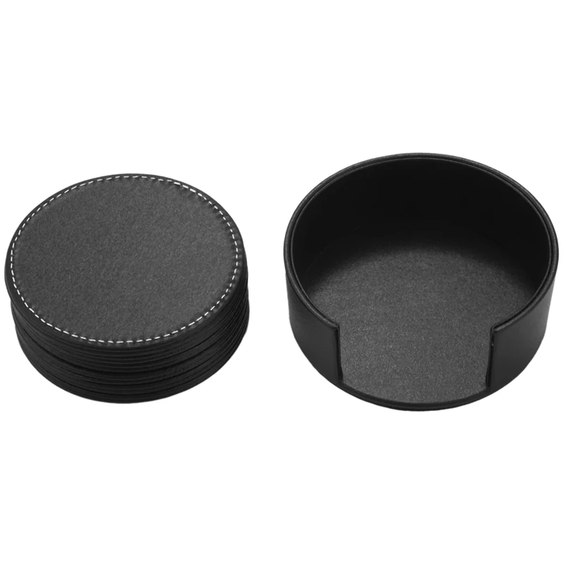 Set of 6 Leather Drink Coasters Round Cup Mat Pad for Home and Kitchen Use Black