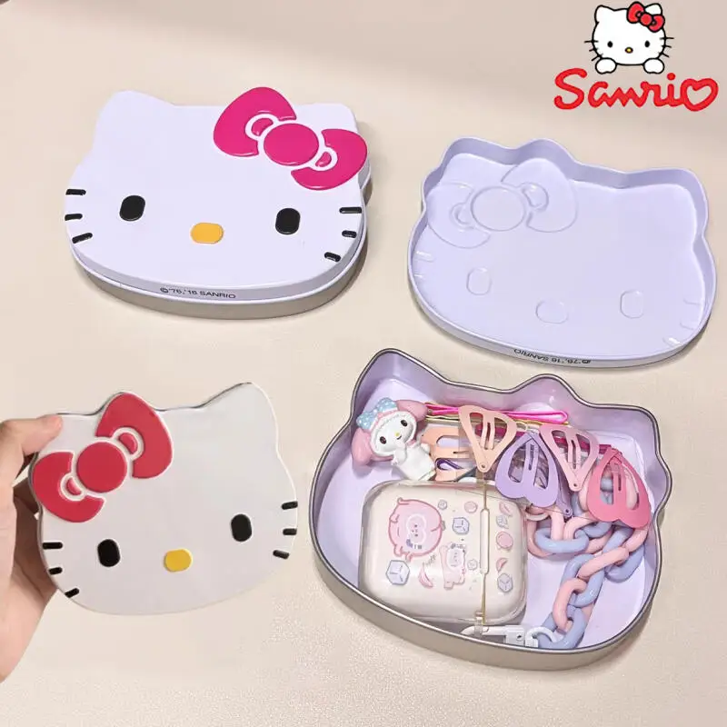 Sanrio Hello Kitty Kotak Tinplate Kotak Penyimpanan Kucing Kt Logam Lucu Perhiasan Kartu Permen Stiker Timah Organizer Kaleng Hadiah dengan Bantalan Memo
